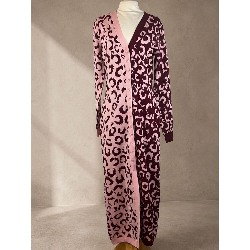 Farm Rio Sz M Mixed Leopard Knit Midi Dress Cardigan Anthropologie